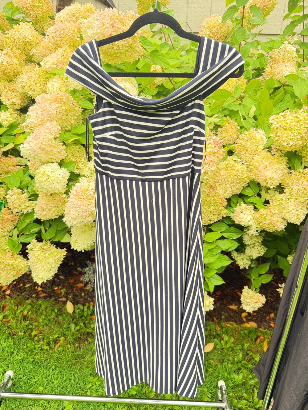 Banana Republic Navy and White Striped Off-Shoulder Midi Dress